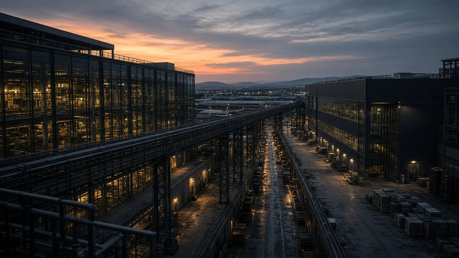 Planta industrial al anochecer.