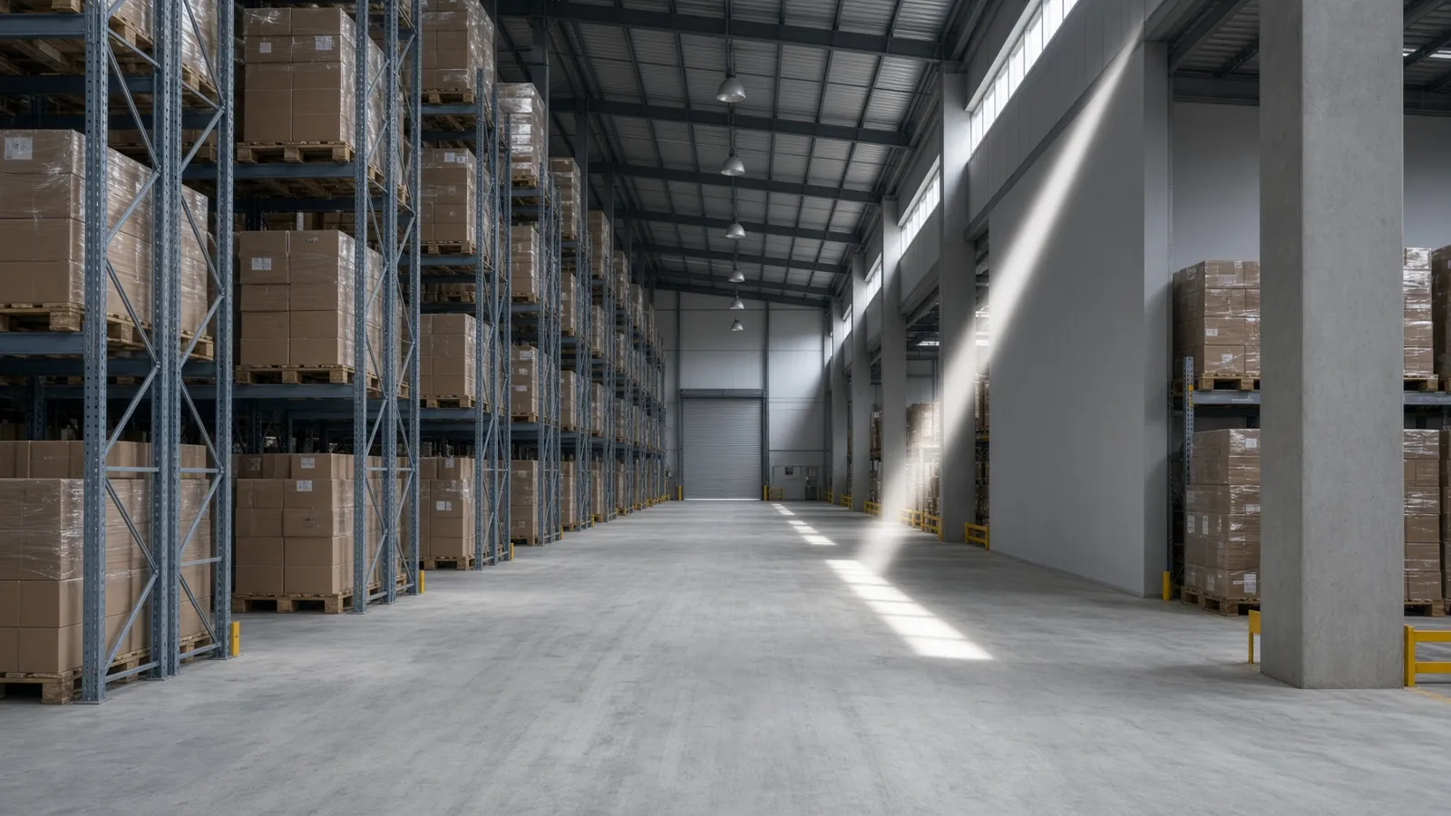 Pasillo de nave logística, ordenado y con luz de día.