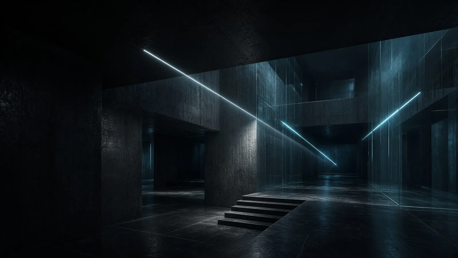 Arquitectura de hormigón y cristal con haces de luz fría.